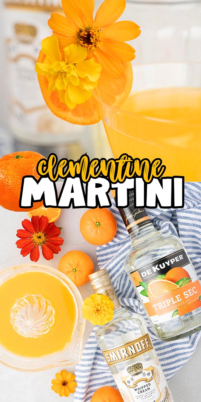 Clementine martini with flowers, clementines, and bottles of Smirnoff vodka and DeKuyper Triple Sec.