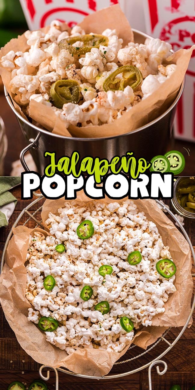 Bowls of popcorn topped with sliced jalapeños on parchment paper, with popcorn containers in the background.