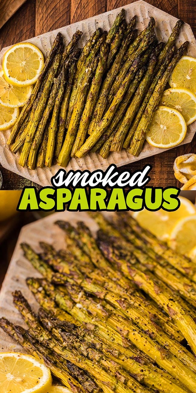 Smoked asparagus spears on parchment, garnished with lemon slices, shown from two different angles.