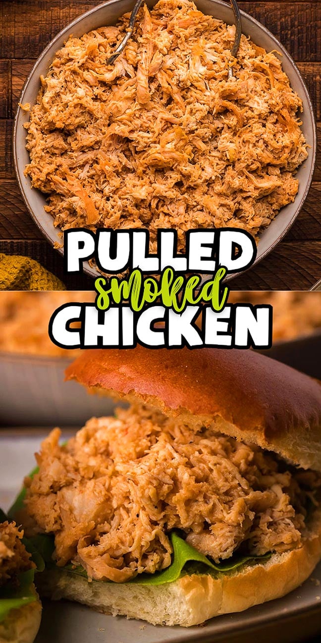 Bowl of pulled smoked chicken and a sandwich bun filled with pulled chicken and lettuce.