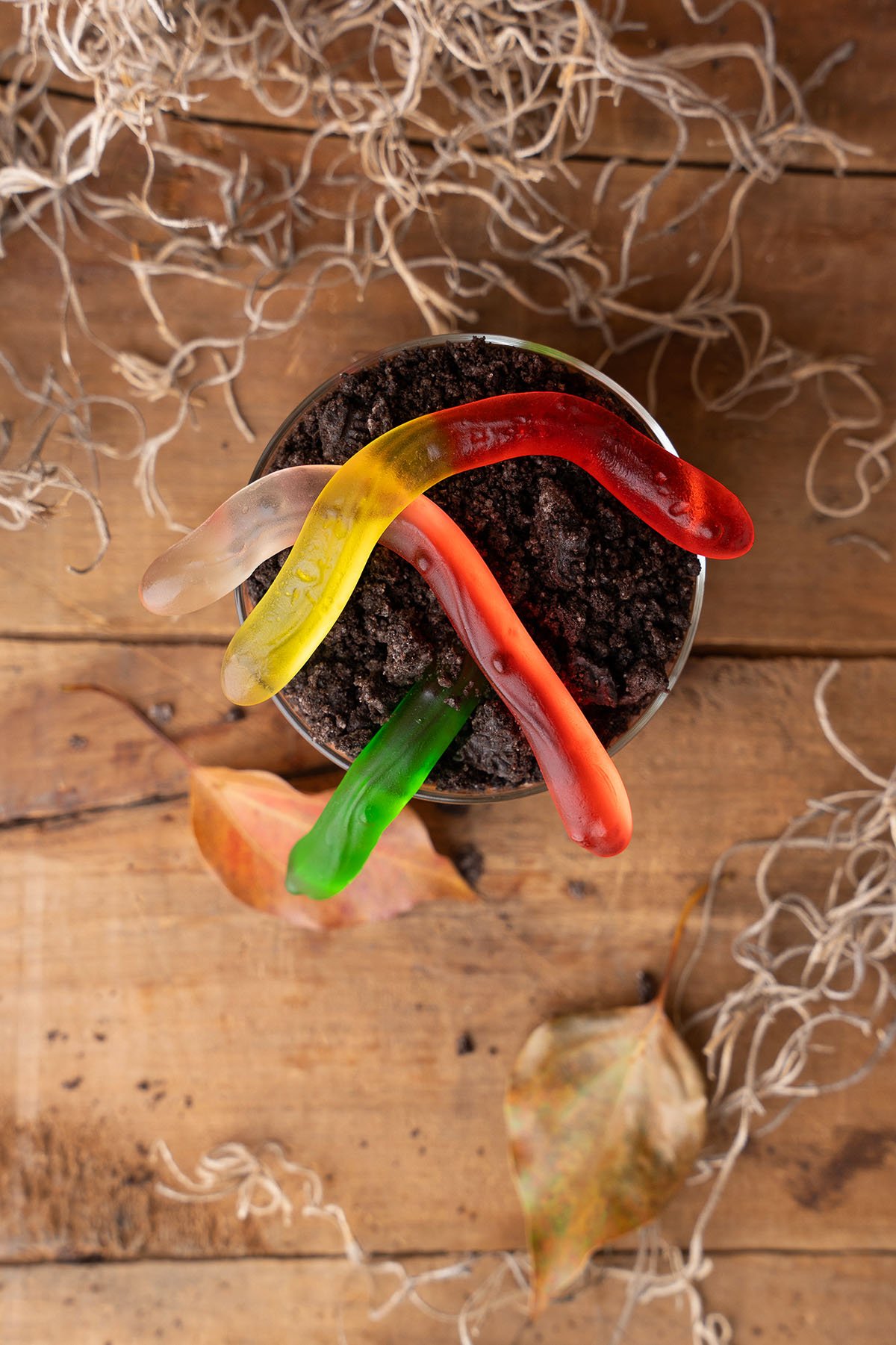 A cup of boozy dirt topped with gummy worms sits on a wooden table decorated with dry leaves and moss, making these drunken worm cups dessert perfect dirt cups for adults.