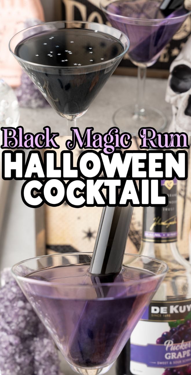 Two martini glasses with dark purple cocktails—spooky alcoholic drinks made with sour grape schnapps and strawberry rum—sit against a Halloween-themed background; one is topped with black star sprinkles.