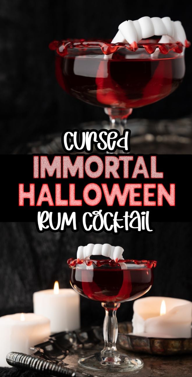 A red Halloween cocktail made with black cherry rum sits in a glass with fake vampire teeth and a dripping red rim, surrounded by candles—a perfect Cursed Immortal Halloween Rum Cocktail.