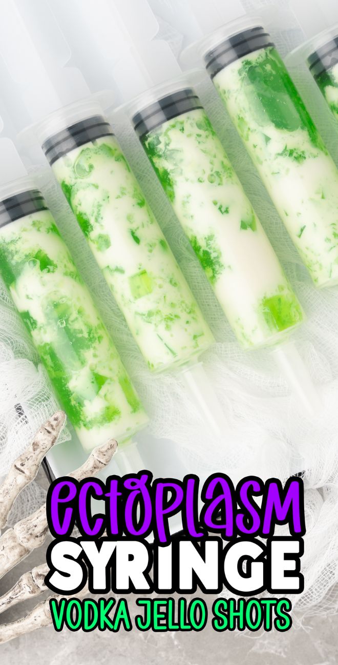 Five green and white Halloween jello shots labeled "Ectoplasm Syringe Vodka Jello Shots" on a white background—perfect if you want to make jello shots in syringes for your next spooky party.