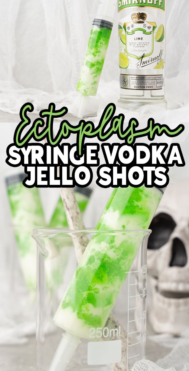 Green and white jello in syringes, labeled "Ectoplasm Syringe Vodka Jello Shots," featuring Smirnoff lime vodka for a tangy twist—fun way to make jello shots in syringes for any party!.