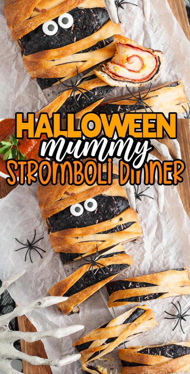 Mummy-shaped homemade stromboli with olive eyes, pizza filling, and fake spiders, styled for Halloween dinner or appetizer on a tray using Pillsbury refrigerated pizza dough.