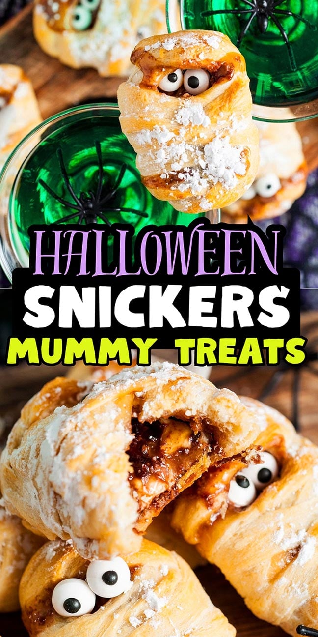 Snickers candy bars wrapped in pastry dough to look like mummies, dusted with powdered sugar.