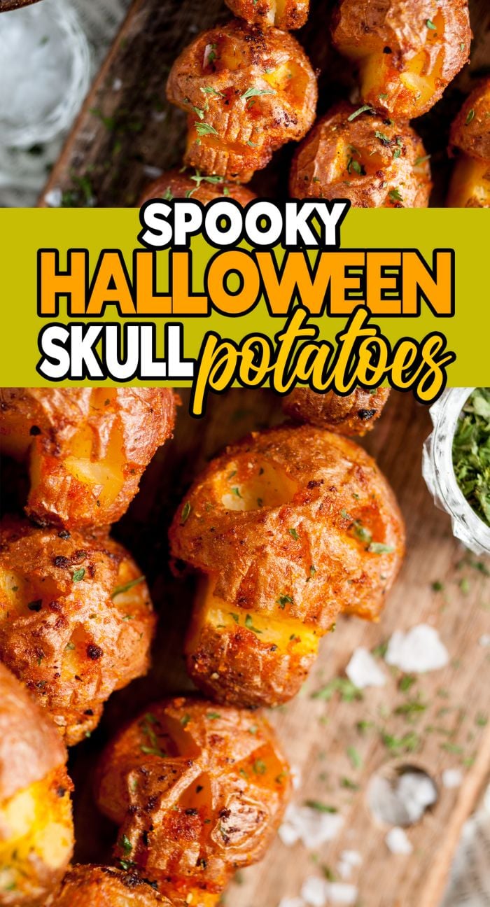Baked potatoes carved like shrunken heads on a wooden board, perfect as a spooky Halloween side dish or appetizer. Text reads "Spooky Halloween Skull Potatoes.