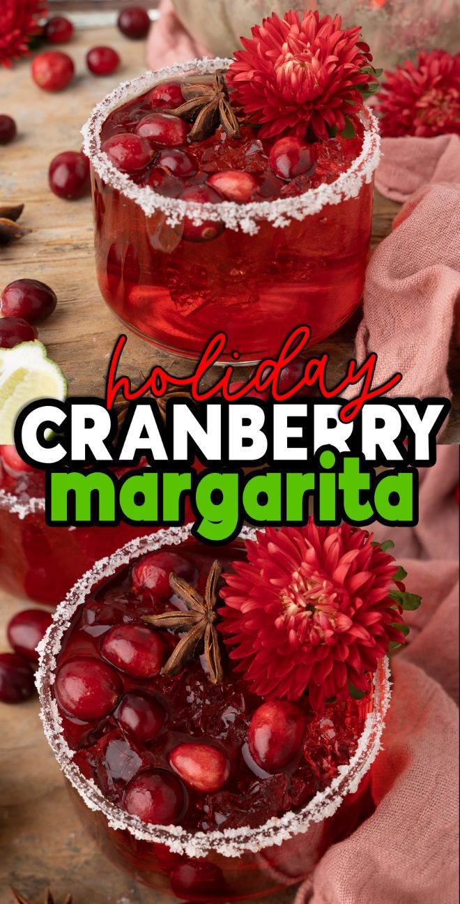 Two Holiday Cranberry Margaritas with sugared rims, garnished with cranberries, star anise, and red flowers—a festive cranberry drink for your next celebration.