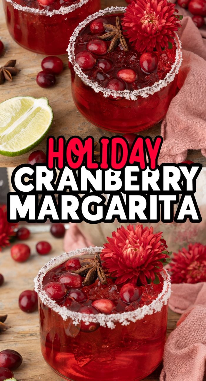 A Holiday Cranberry Margarita made with silver tequila and triple sec, garnished with cranberries, star anise, and a red flower, sits next to a lime slice—a perfect Thanksgiving or Christmas cocktail.