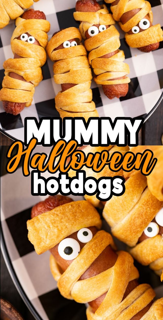 Crescent roll hot dog mummies with candy eyes are a fun Halloween party recipe, served on a checkered platter for a delightfully spooky treat.