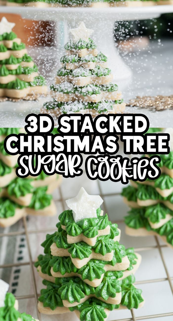 3D stacked Christmas sugar cookies in tree shapes with green frosting and star toppers, dusted with powdered sugar and crafted using star cookie cutters.