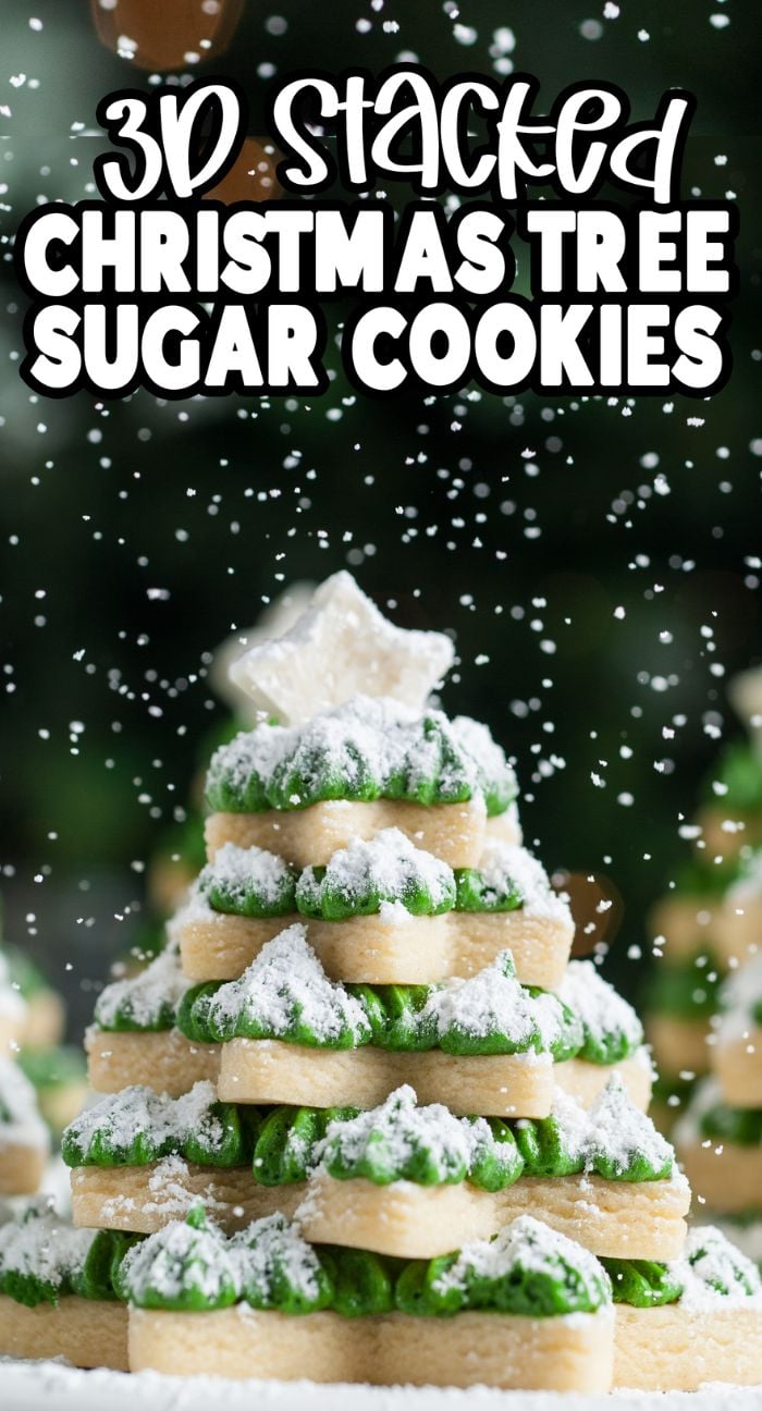 3D stacked christmas sugar cookies are shaped like festive trees with green frosting, powdered sugar, and crafted using star cookie cutters for a perfect holiday treat.