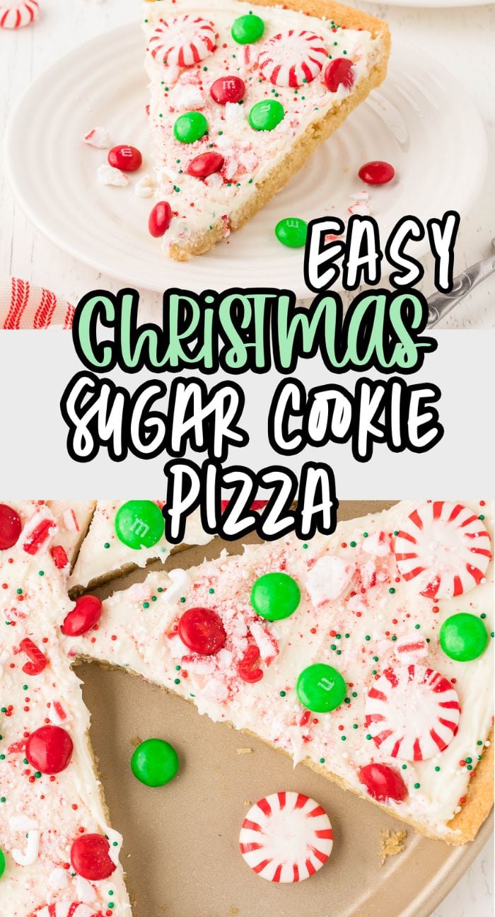 A slice of Easy Christmas Sugar Cookie Pizza, made with refrigerated sugar cookie dough and topped with candies and sprinkles, sits on a white plate.