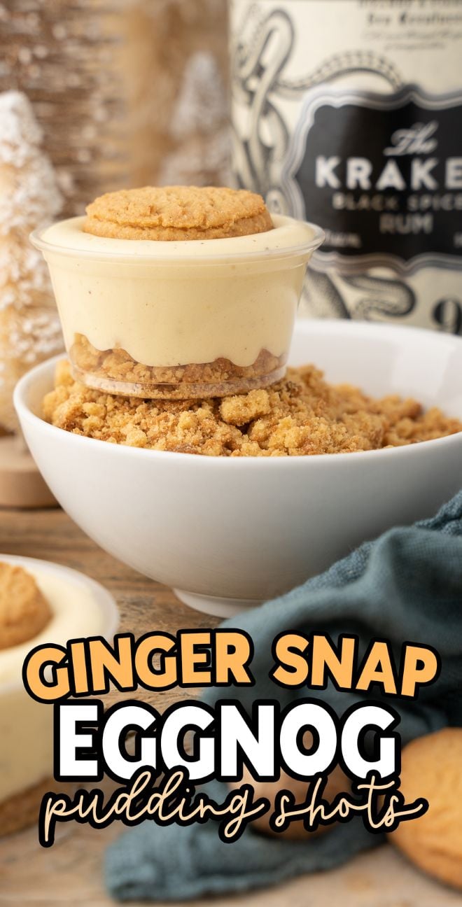 Glass of eggnog pudding with gingersnap cookie on top, sitting in a bowl of cookie crumbs—these boozy pudding cups are spiked with Black Spiced Rum and RumChata for a festive twist.