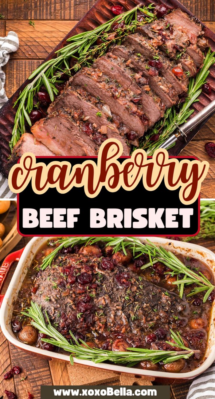 Sliced cranberry beef brisket garnished with rosemary, shown on a platter and in a baking dish—a perfect holiday meal or Christmas brisket recipe.