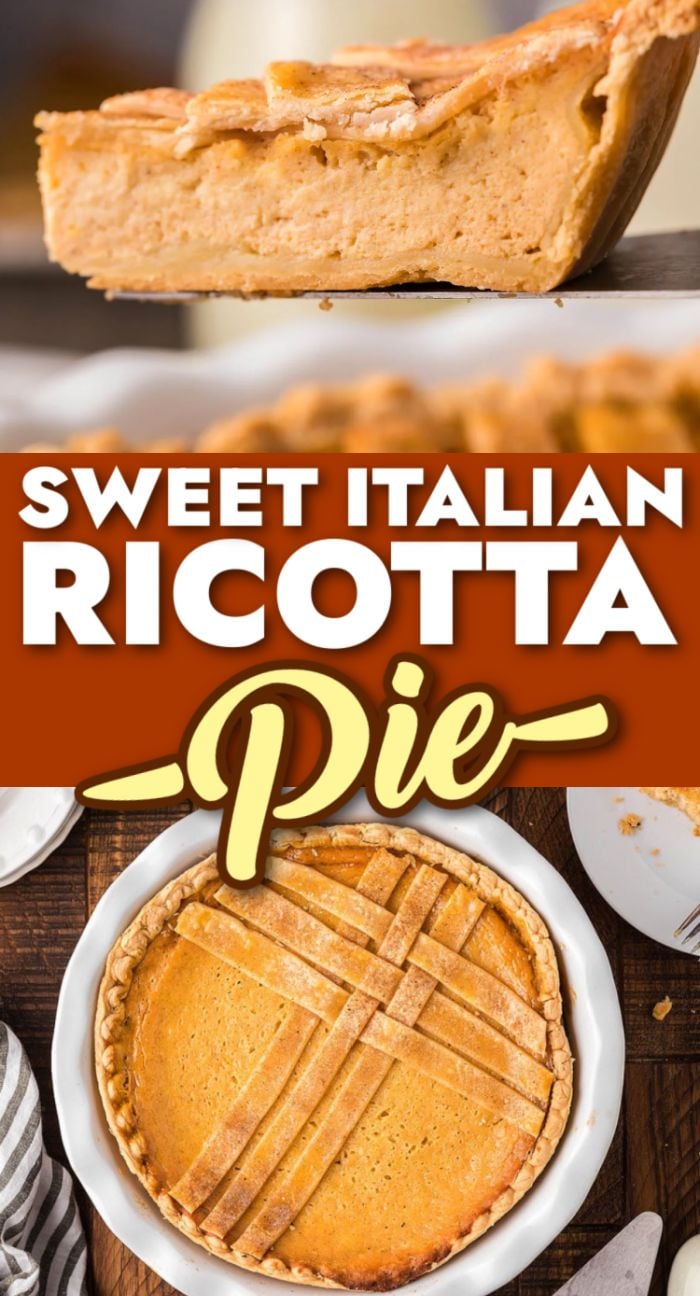 A slice and whole ricotta pie with a lattice pasta frolla crust, labeled "Sweet Italian Ricotta Pie," a traditional Italian dessert.