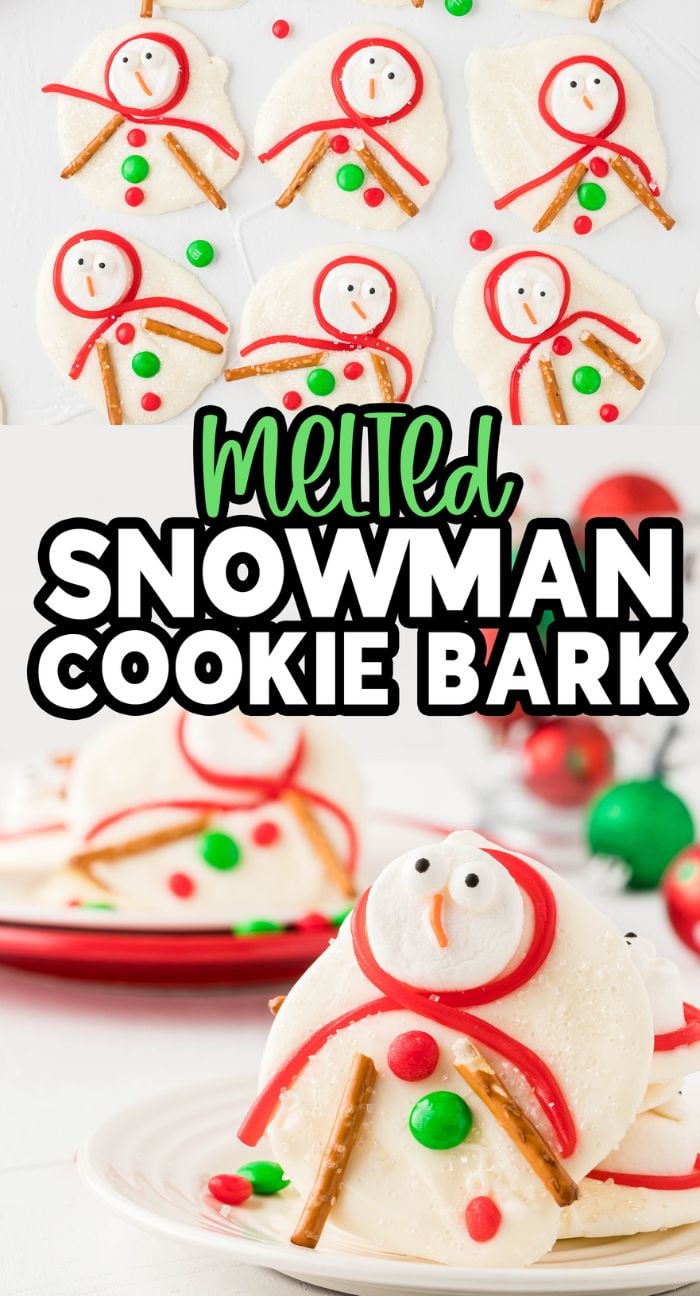 Melted Snowman Cookie Bark made with white chocolate Christmas candy, decorated as melted snowmen with candy faces and pretzel arms—perfect for holiday parties.