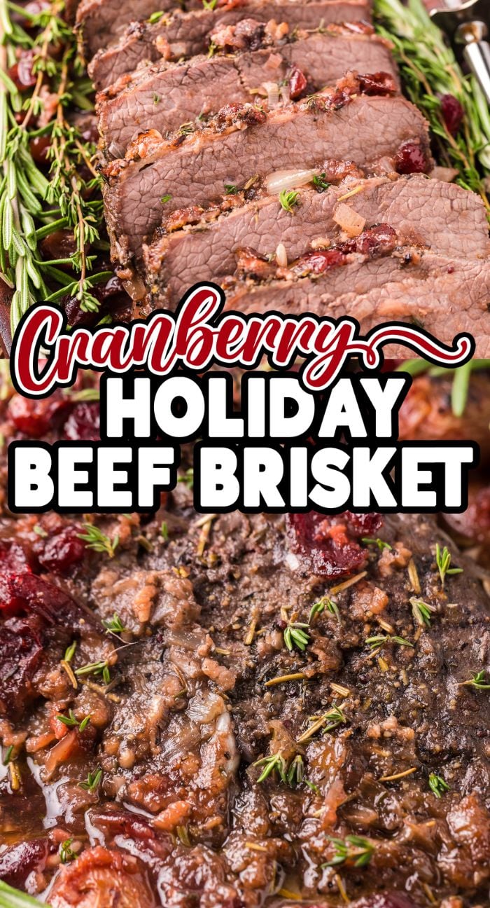 Sliced cranberry beef brisket garnished with herbs, perfect for a holiday meal, with “Cranberry Holiday Beef Brisket” text overlay.