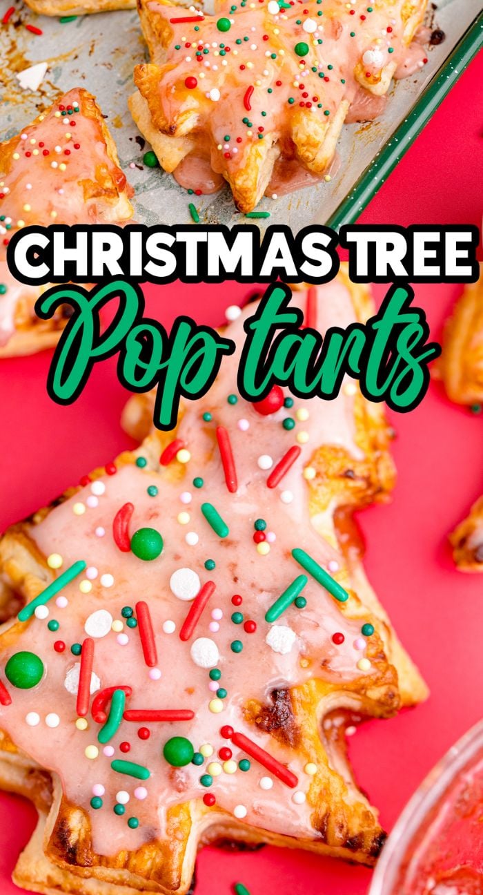 Christmas Tree Pop Tarts with pink icing and festive red, green, and white sprinkles—a fun twist on classic Christmas dessert tart recipes!.