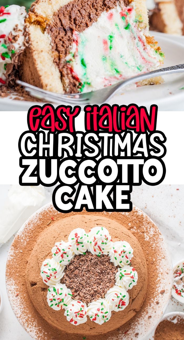 Slice of Italian Christmas Zuccotto Cake with whipped cream and sprinkles, plus a whole decorated cake on a plate—a festive treat inspired by the best zuccotto recipe among Italian Christmas desserts.