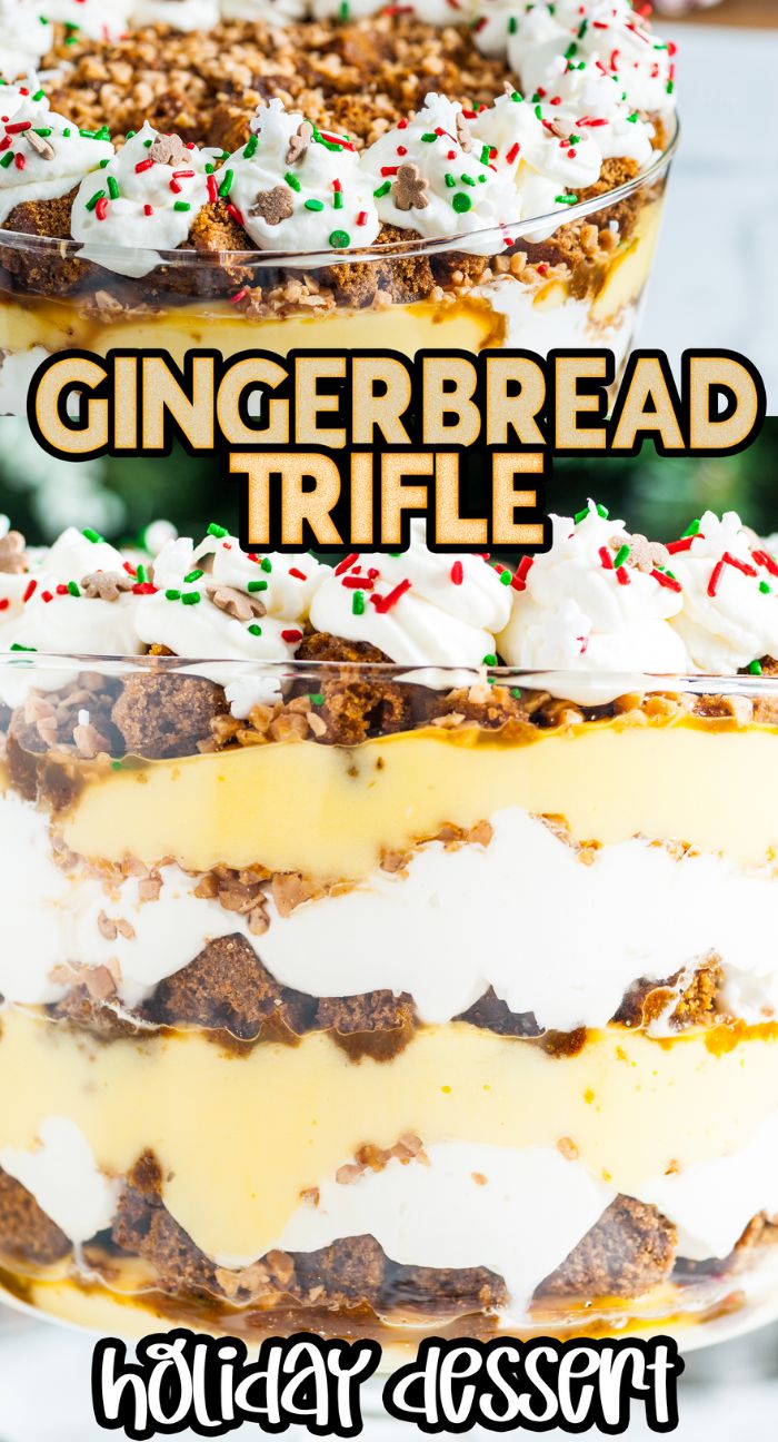 A festive Gingerbread Trifle, perfect as a Christmas dessert, layers whipped cream, pudding, sprinkles, and crushed cookies in a glass dish for a delightful holiday treat.