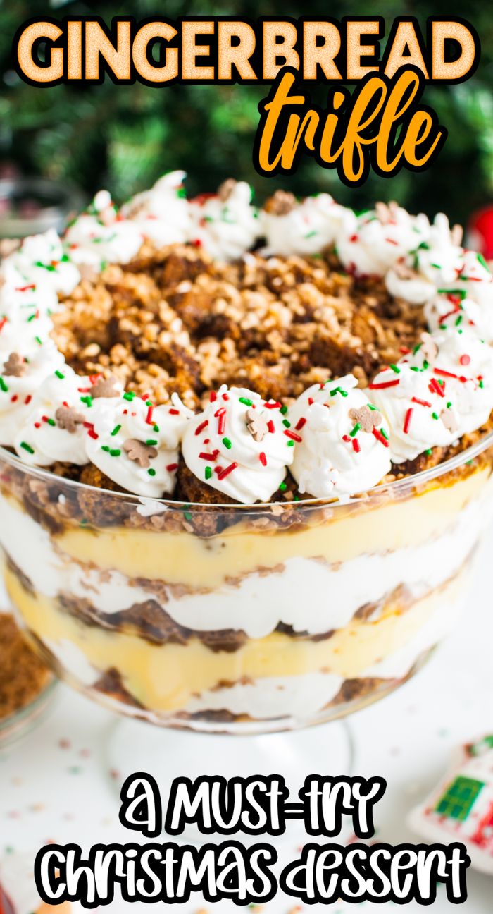 Layered Gingerbread Trifle with whipped cream, festive sprinkles, and crumb topping in a glass bowl—a delightful Christmas dessert perfect for any holiday trifle recipe collection.