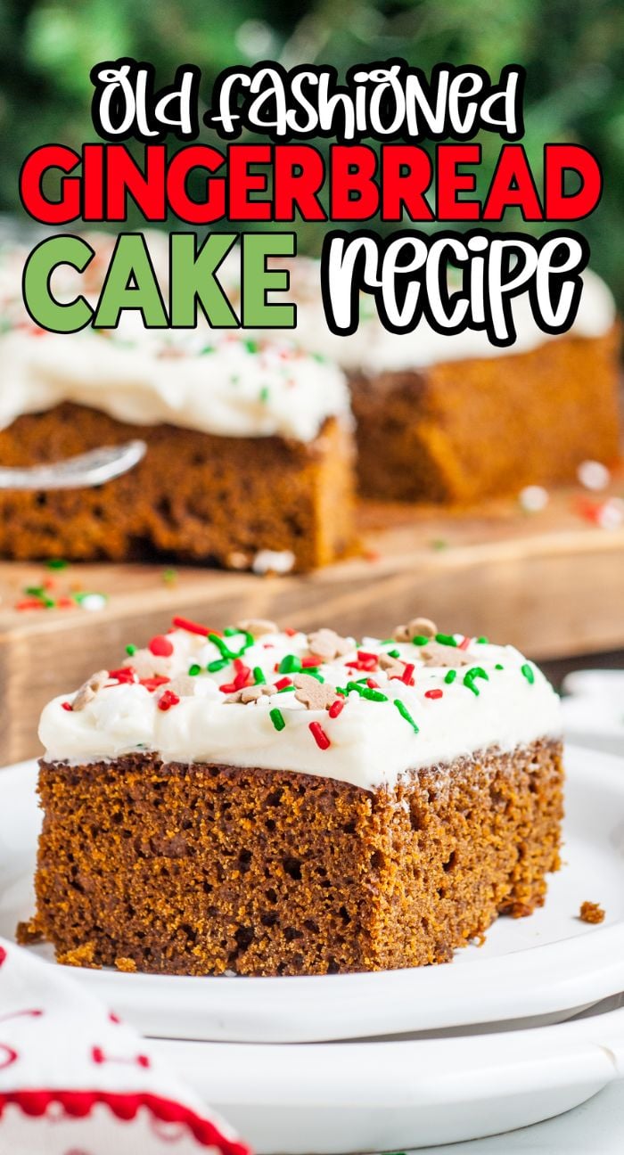 A slice of old fashioned gingerbread cake with white frosting and colorful sprinkles on a plate—a perfect holiday dessert.