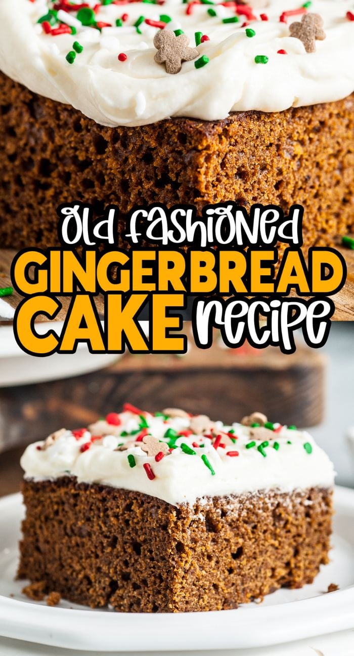 A slice of old fashioned gingerbread cake with white frosting, red and green sprinkles, and small gingerbread men—a perfect fall or holiday dessert.