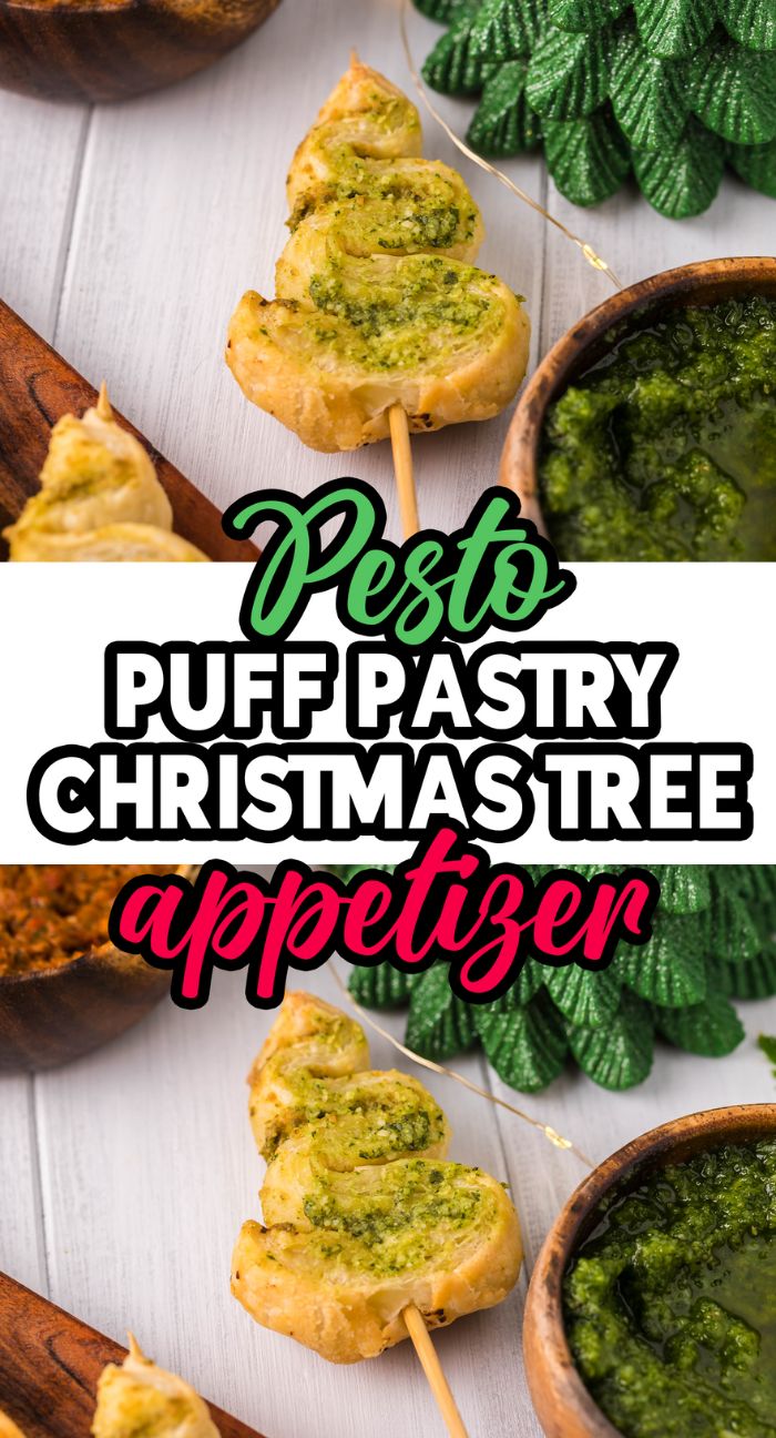 Festive Pesto Puff Pastry Christmas Trees make delightful Christmas appetizers—flaky puff pastry shaped like a tree, filled with green pesto and served on a stick alongside tasty dipping sauces. A fun and easy puff pastry recipe for holiday gatherings!.