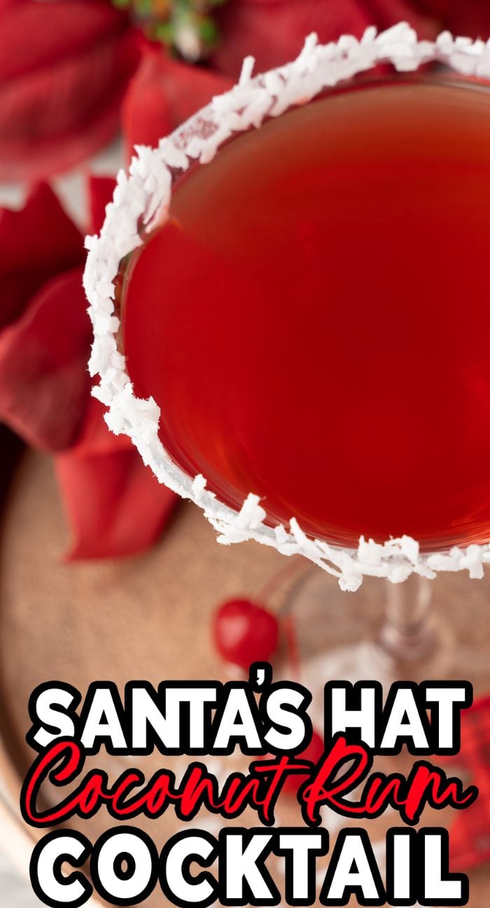 A festive red Christmas cocktail in a glass rimmed with shredded coconut, labeled "Santa’s Hat Coconut Rum Cocktail"—the perfect holiday drink for seasonal celebrations.