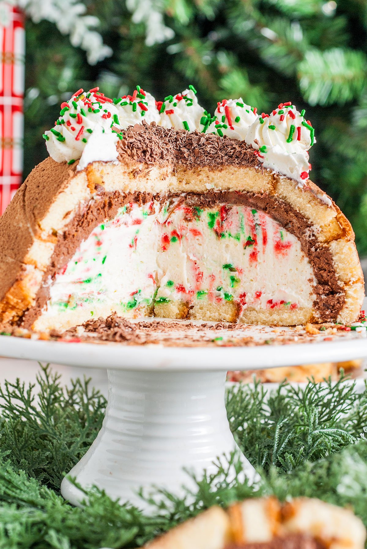 A festive ice cream dome cake inspired by Italian Christmas Zuccotto Cake, decorated with red and green sprinkles, whipped cream, and more sprinkles—perfect for fans of Italian Christmas desserts.