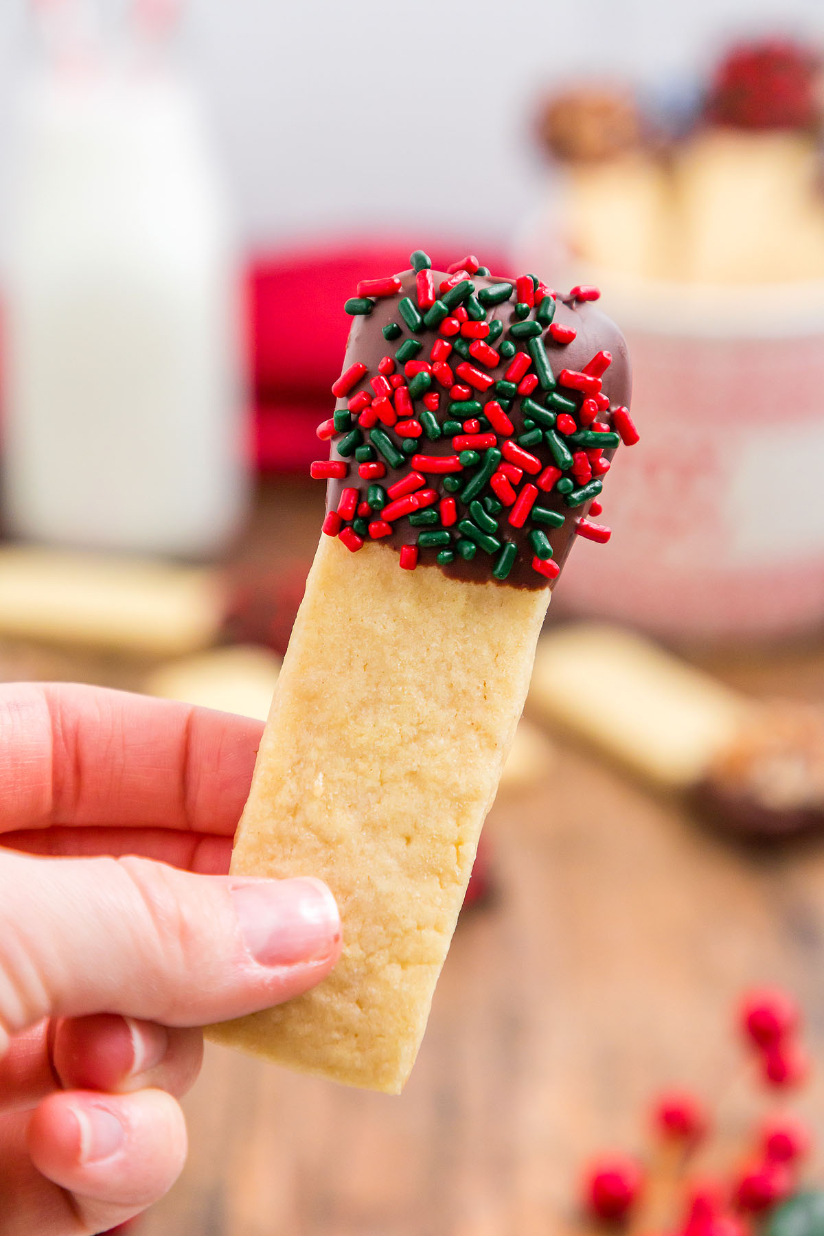 A hand holds a shortbread cookie dipped in chocolate and red and green sprinkles&mdash;perfect for a festive cookie exchange or as colorful Christmas cookie sticks.