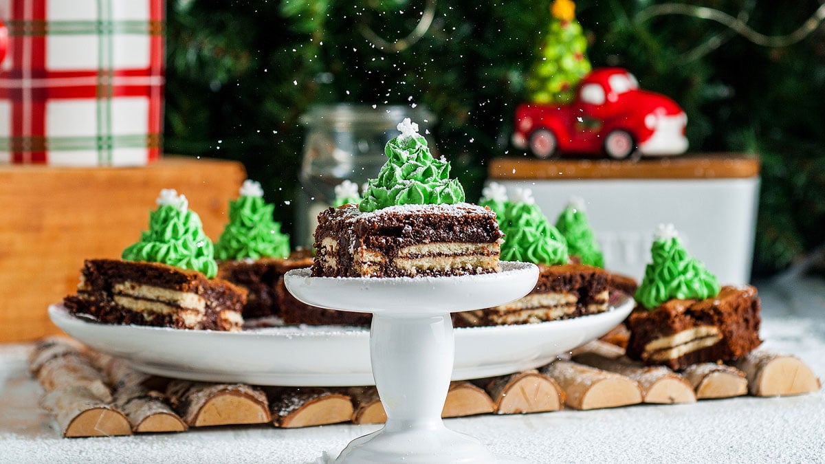 Holiday brownies layered with Mint Milano cookies.