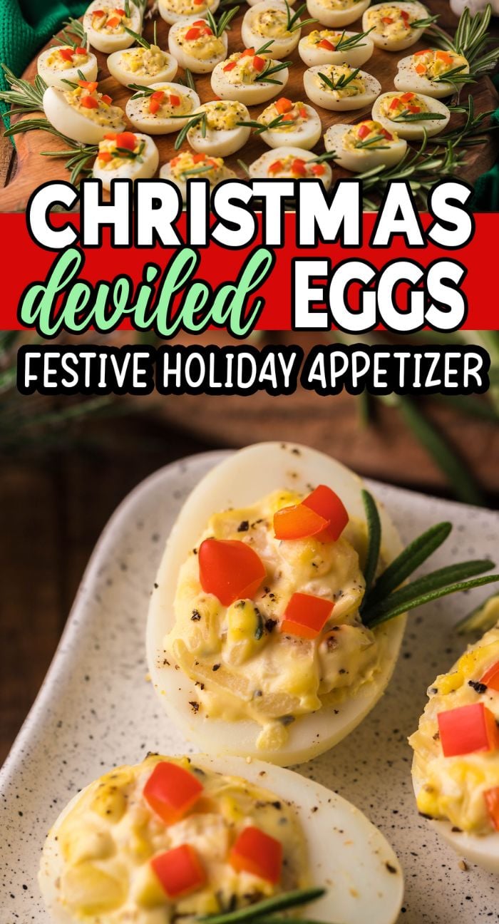 Deviled eggs topped with diced red peppers and rosemary, these festive Christmas Deviled Eggs make the perfect holiday appetizer for your Christmas party.