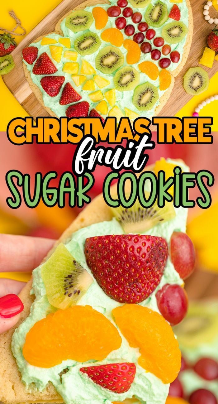 This Christmas Tree Fruit Sugar Cookie is a festive Christmas dessert, featuring a tree shaped sugar cookie with green frosting and topped with strawberries, kiwi, grapes, and oranges.