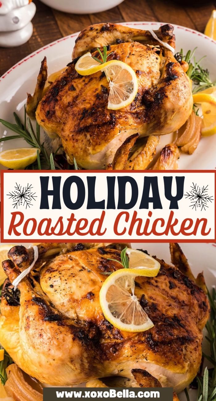 Golden roasted chicken garnished with lemon slices and herbs, this Holiday Roasted Chicken is served on a white platter—perfect for Thanksgiving or Christmas roast chicken celebrations.