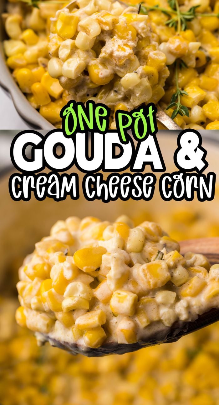 Close-up of creamy Gouda and Cream Cheese Corn simmering in a pot, garnished with fresh herbs—a perfect Thanksgiving or Christmas corn recipe.