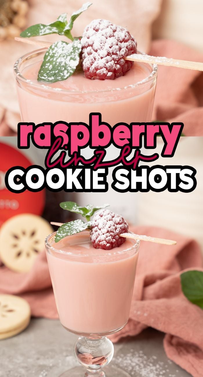 Glass of pink raspberry drink topped with a powdered sugared raspberry, mint leaf, and Linzer cookie—perfect for a festive holiday cocktail or to try as Raspberry Linzer Cookie Shots at your next gathering.