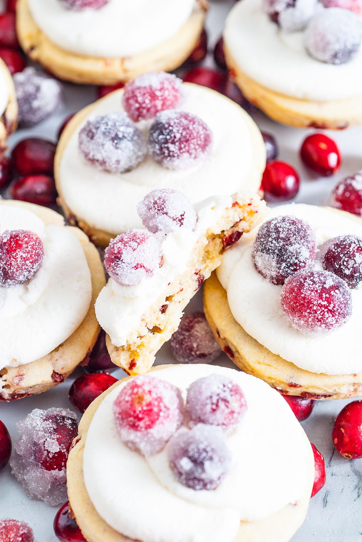 Sugar cookies topped with white frosting and sparkling cranberries, with sugared cranberries scattered around, make these Christmas cranberry cookies a festive delight.