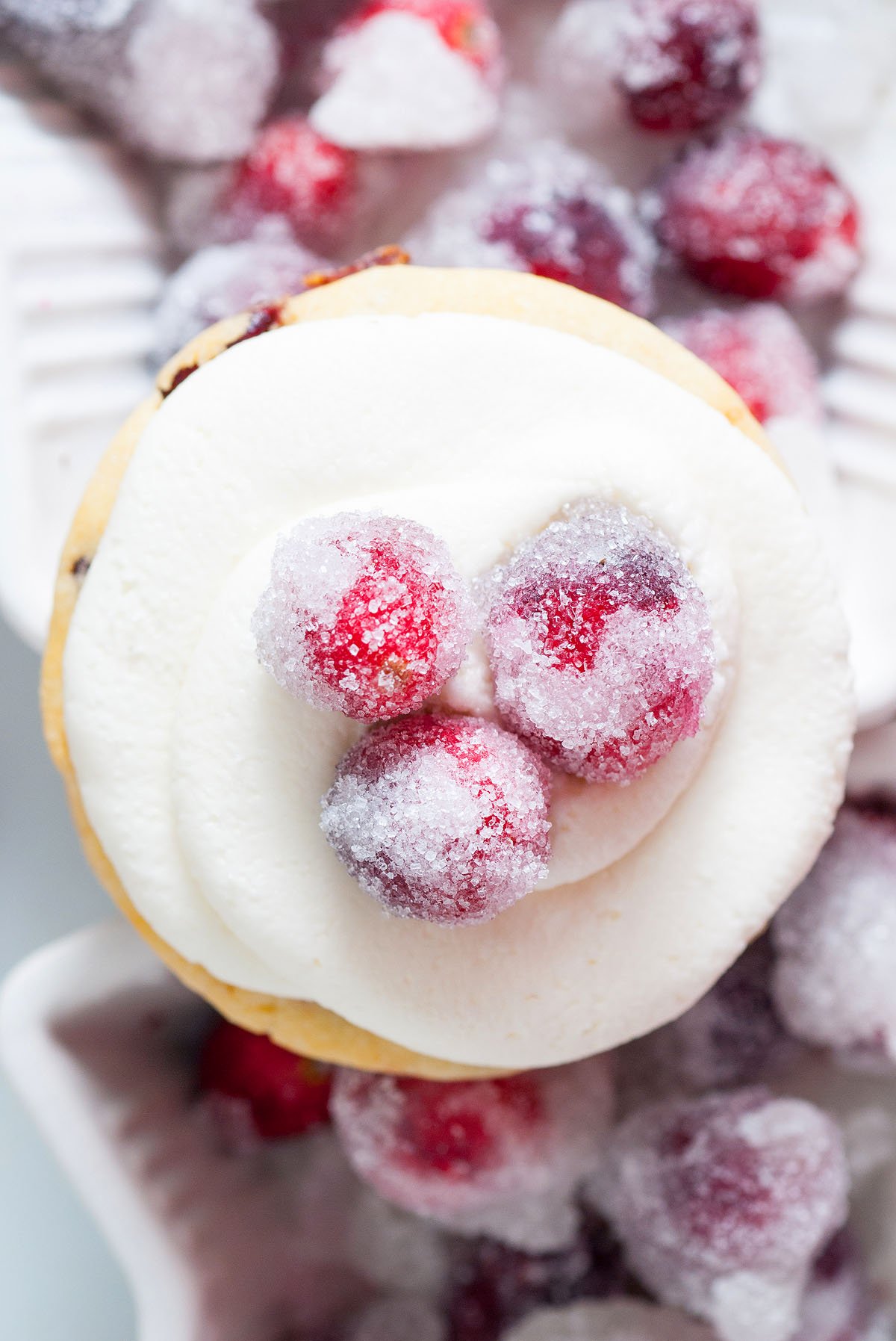 A cupcake topped with sparkling cranberries and white frosting, reminiscent of Sparkling Frosted Cranberry Cookies, viewed from above.