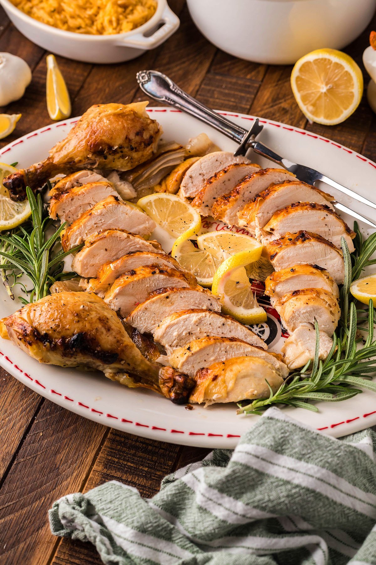 juicy sliced roast chicken on the plate