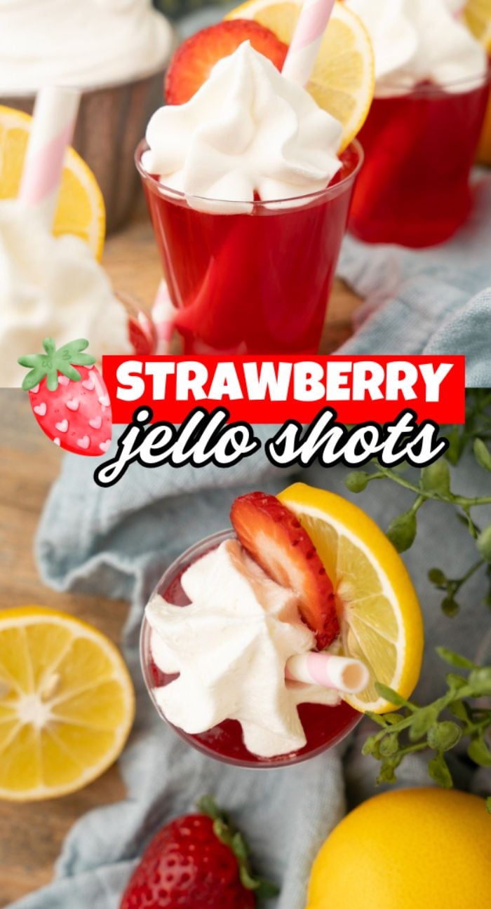 Two boozy bites of Strawberry Lemonade Jello Shots, topped with whipped cream and a straw, garnished with lemon and strawberry slices.