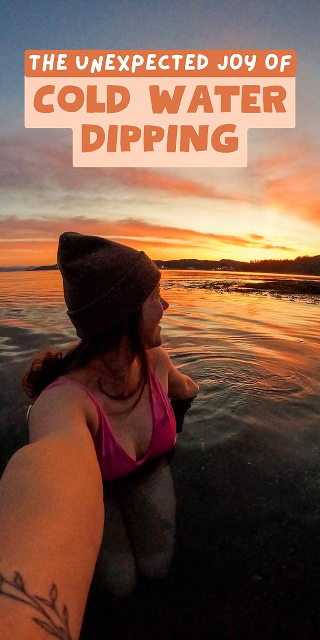 Person in a beanie and swimsuit stands in a lake at sunset, with text about cold water dipping overhead.