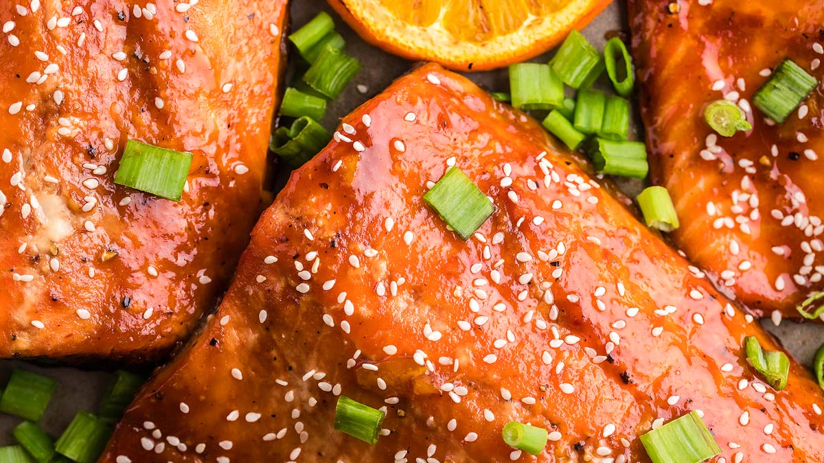 Close view of BBQ orange salmon.
