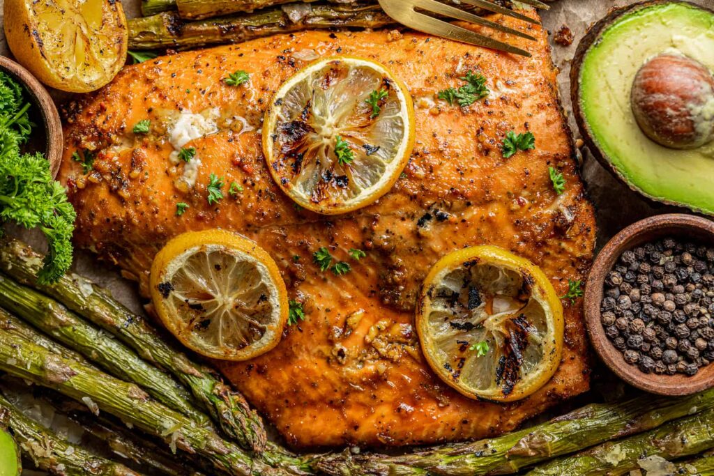 Overhead view of grilled salmon.