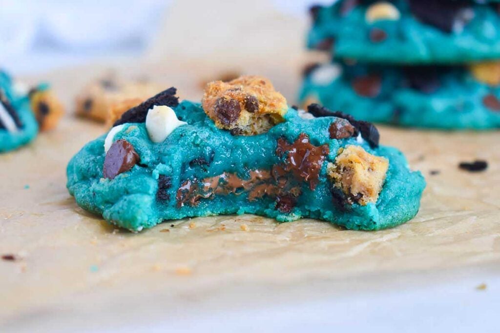 Blue cookies with oreo chunks inspired by the cookie monster