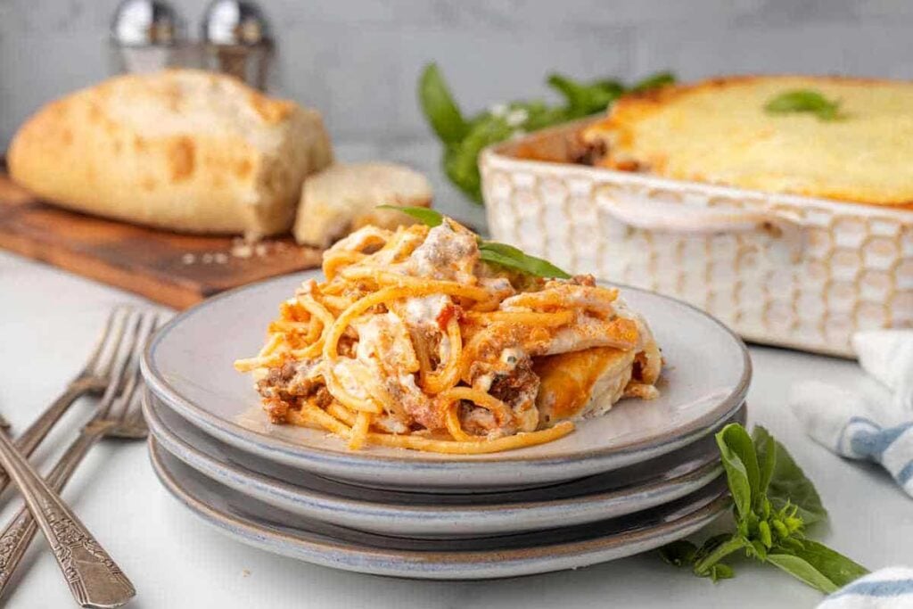 A helping of million dollar spaghetti on a plate