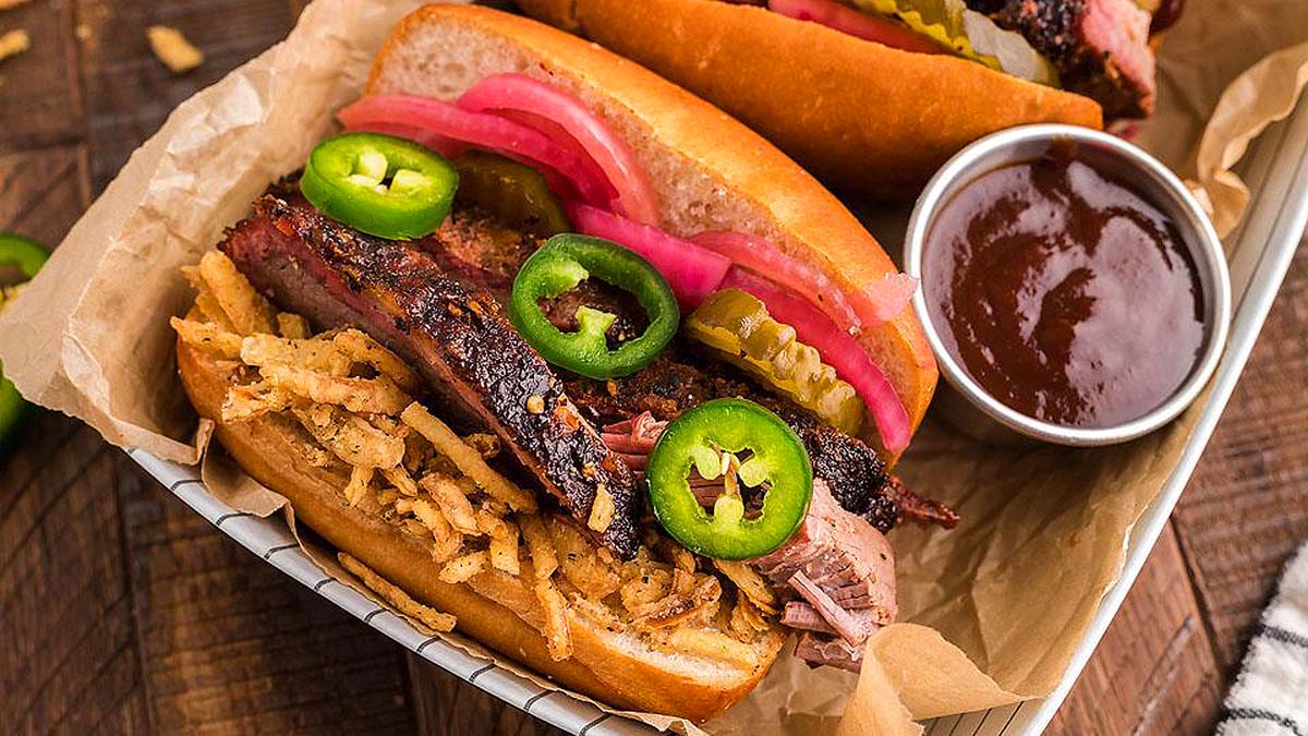 A homemade brisket sandwich in a basket.