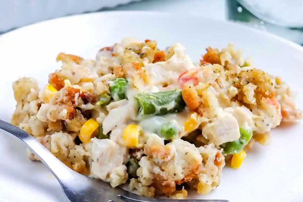 Chicken stuffing casserole on a white plate